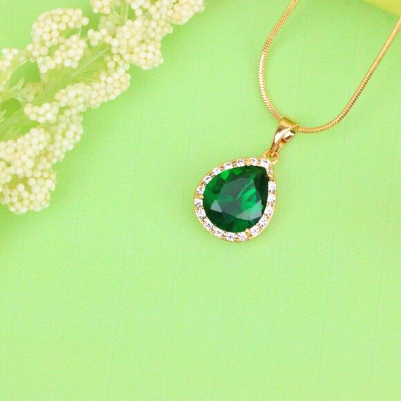 "Teardrop Green Pendant with Crystal Border in Rose Gold Finish, XPPT1613 - Picture 11 of 13